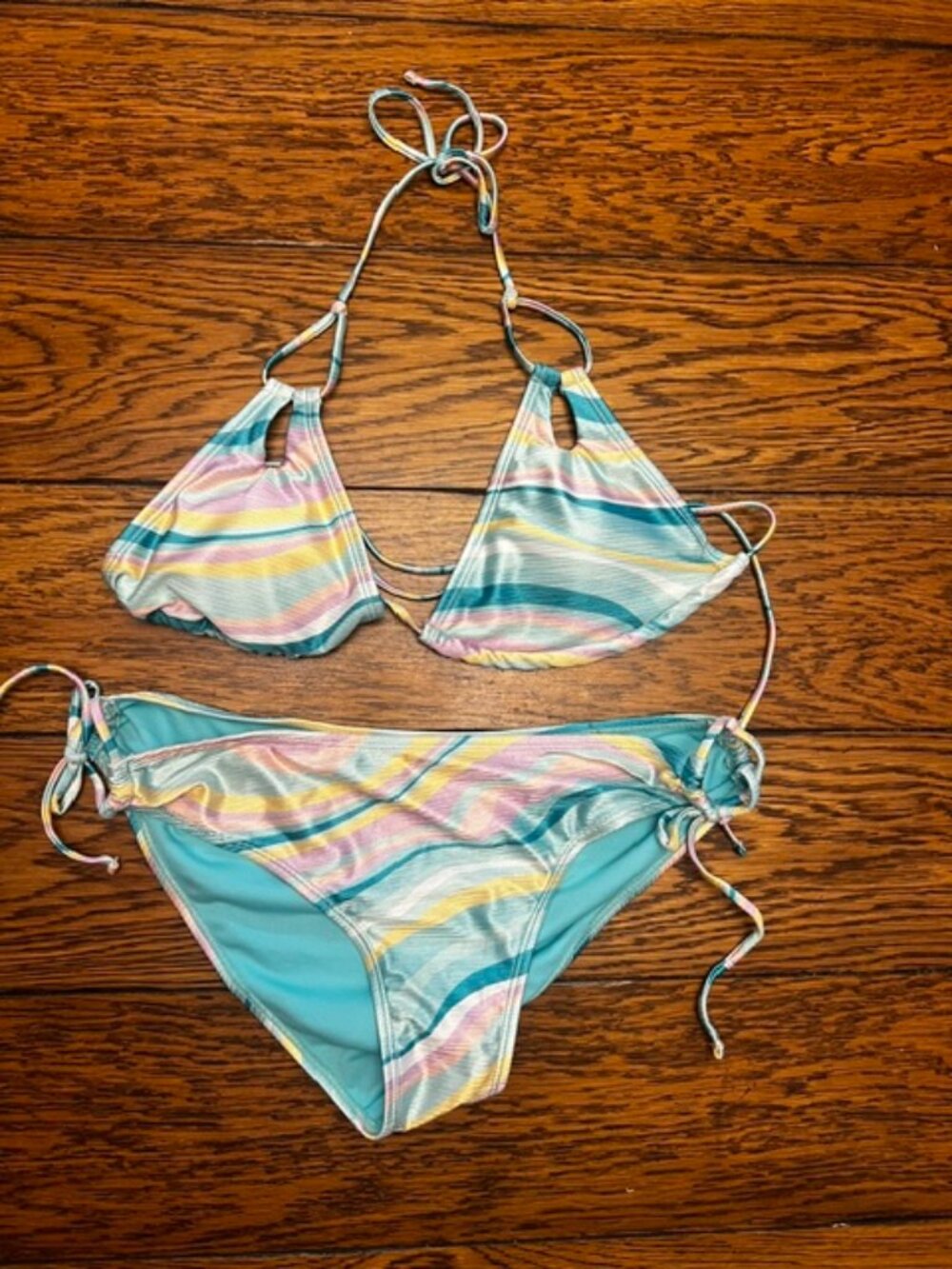 Women's Blue Swimsuit 3 piece String Bikini, Size L, Multi color, Ex Cond!